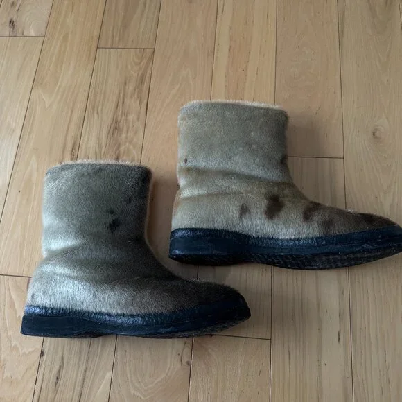 Vintage Sealskin Genuine Fur Winter Boots Mid Calf Spotted Seal - Picture 2 of 6